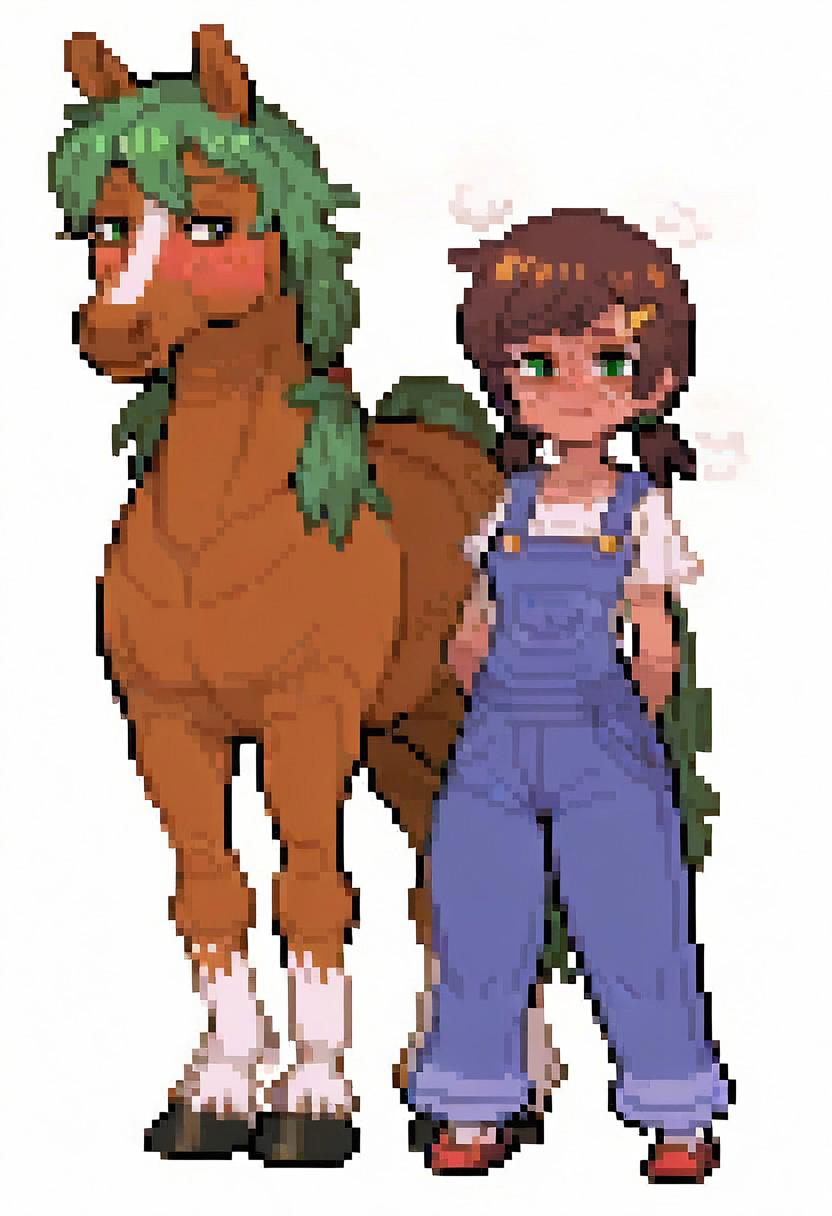 score_9, duo, 1girl and 1horse,human girl and male feral horse,mom,tall,standing, small breasts,low pigtails, hairclip,(messy hair:0.7), freckles,tanned, green eyes, overalls,confident,trembling, deep blush, looking at you, exhausted,smug,deep blush, sweat, steam, full body, <lora:pk_trainer_xl_v1-1:0.9>, pixel art, 2d, full portrait, simple background, white background