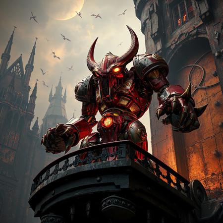 "Ultra-detailed 3D render of a Steel Ogre Grotto, a towering crimson-red mechanoid with gold filigree armor plating, featuring an oversized hammerhead skull glowing with molten circuitry and a compact, heavily-jointed body. Standing in a defensive stance atop a crumbling balcony of the Phantom Fortress Enterblathnir, its piston-driven fists crackle with energy. The fortress looms with gothic spires, floating debris, and holographic siege maps projected across corroded iron walls. Dramatic low-angle shot with Unreal Engine 5 realism, Octane Render textures, and Raphael-style chiaroscuro lighting. Metallic surfaces reflect ember-like sparks, while splash ink weathering effects blend with dieselpunk rivet detailing. 8K resolution, ArtStation-trending composition, golden ratio framing, dominated by vermillion and burnished gold with chromatic aberration flares."
