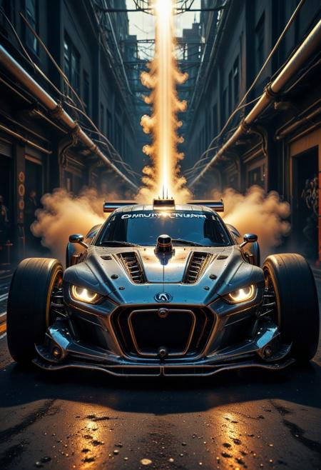 qu4ntum, photo, realistic, closeup, quantum punk race car, urban track, polished metal, steam, pumps, piping, outdoors, dramatic lighting, lens flare, reflections, cinematic lighting, volumetric lighting, masterpiece, best quality, master aesthetic, maximum detailed, absurdres, bokeh, film grain, aidmaImageUpgrader, smoke,