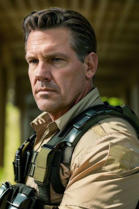 cinematic shot of a handsome man standing, fbi agent, cia, in bullet proof vest, ready for action, upper body, close up, looking down, candid, amateur, (raw, 8k, uhd, fujifilm xt3), sharp, ominous green lighting, cinematic lighting,  <lora:joshBrolin:1>