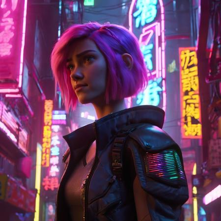 high-quality render in hwst artstyle of a woman with medium-length colorful hair standing under a glowing neon sign in a cyberpunk city alleyway