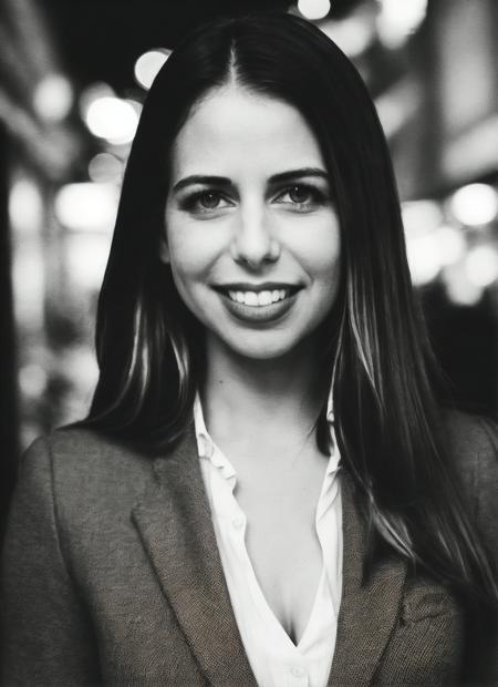 candid RAW close up portrait photo of sks woman in a (purple colored suit:1.0) on a dark street with shopping windows (at night:1.2), bokeh, Ilford Delta 3200 film, dof, high definition, detailed, intricate, flashlight, <lora:locon_laurabailey_v1_from_v1_64_32:1.25>