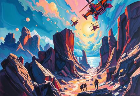 gouache painting about In the unpublished and breathtaking image far beyond the unseeable by syd mead, the essence of the Master's artistry shines through with remarkable clarity. As your eyes wander across the canvas, you'll encounter a harmonious fusion of elements that defy convention and ignite the imagination. It is a visual symphony that stands as a testament to meads boundless creativity. Vibrant and sublime colors dominate the image, bursting forth with a luminosity that captivates the viewer.,