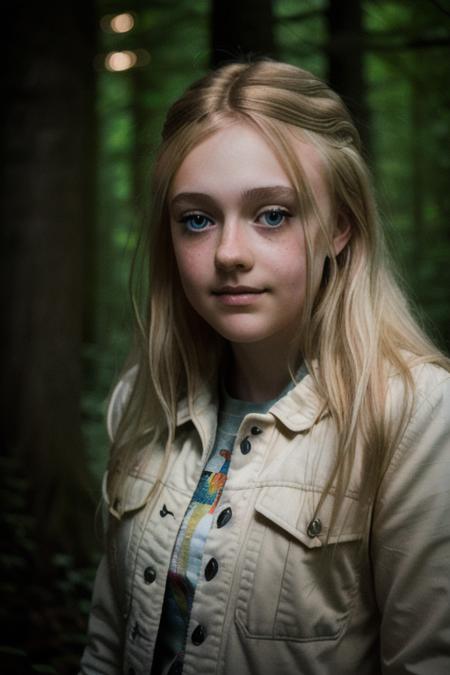 a young blonde woman exploring a forest at night, cinematic lighting, perfect evening, highly detailed face, (amateur, candid), RAW, 8K, UHD, (close up, head shot), smiling, <lora:dakotaFanning:1>