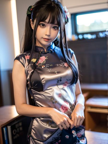 <lora:chunmmfullbody_v1:0.8>, (cheongsam:1.4), (highleg cheongsam:1.2), (long cheongsam:1.2), (black garter belt:1), chunmomo, 1girl, solo, realistic, looking at viewer, blurry, black eyes, black hair, bangs, long hair, day, blunt bangs, hair ornament, soft light, 8K, ultra high resolution, ultra-detailed, photorealistic, an extremely delicate and beautiful