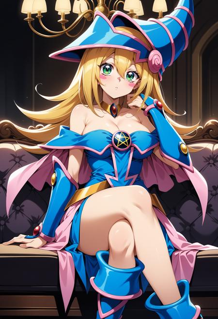 aadmg, long hair, blonde hair, hat, blue headwear, green eyes, blush stickers, breasts, choker, bare shoulders, cleavage, blue dress, pentacle, vambraces, pelvic curtain, pink skirt