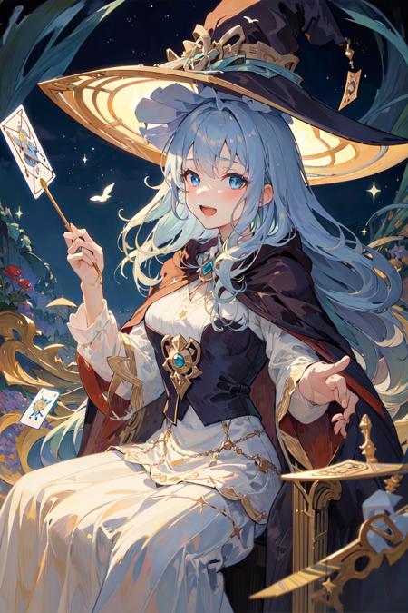 ((masterpiece:1.2, best quality)), 1girl, solo, (witch hat), blonde hair, long hair, dress, aurora, night, star (sky), gloves, sky, white dress, night sky, open mouth, starry sky, blue eyes, ribbon, very long hair, red dress, smile, hair ribbon, cape, blue hair, (bird), magic, casting spell, dark clouds, night, (impressionism:1.4), (tarot:1.3), alphonse mucha,