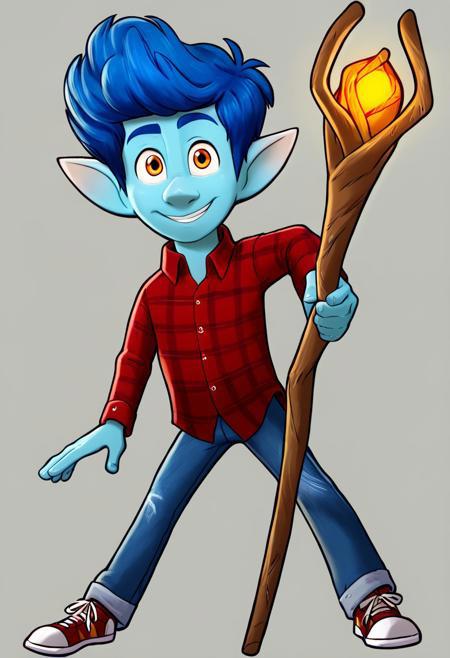 Red Plaid Shirt, Jeans, sneakers Grey Hoodie, Jeans, Sneakers Shirt Open, White T-Shirt Magic Staff, Holding Staff Ian Lightfoot, Blue Skin, Blue Hair, Amber Eyes, Pointy Ears