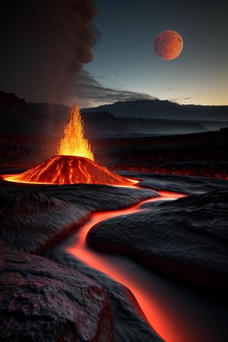 a volcanic eruption, a river of fiery red lava, a waterfall, a large red moon in the background, dramatic lighting, cinematic composition, photorealistic, (best quality,4k,8k,highres,masterpiece:1.2),ultra-detailed,(realistic,photorealistic,photo-realistic:1.37),dramatic lighting,dramatic sky,dynamic composition,volumetric lighting,intricate details,vivid colors,3d render,concept art
