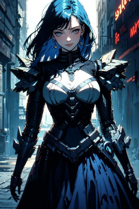 <lora:wrenchrtranim:1>, wrenchrtranim, 
1girl, solo, light smile, blue hair, blue eyes, 
<lora:edgRoboGown:1>, edgMecha, in a ([mecha suit|ballgown]::0.5), wearing edgMecha_ballgown,