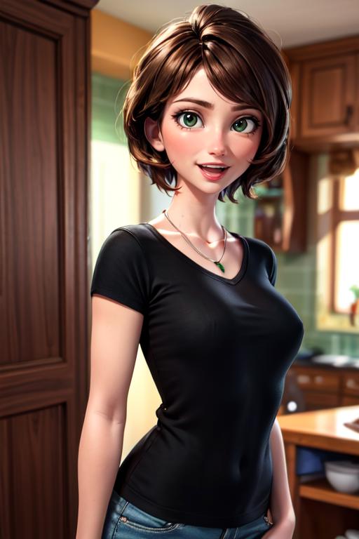 A cartoon character in a black shirt and a green necklace.