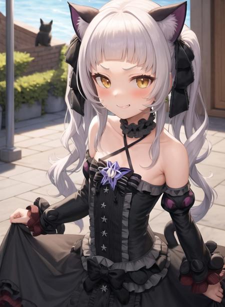 1girl,masterclass,best quality,  outdoors, city,smile,smug, twintails, animal_ear_fluff,gothic_lolita,lolita_fashion,halter dress,  cat ears,cat_girl,long dress,  halterneck, layered dress,frilled dress, center_frills,detached sleeves,  ShionGothic,closed mouth,     <lora:ShionV2D8_e6:1>