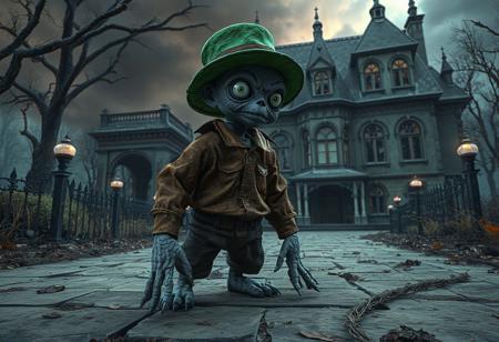 "A surreal concept art scene featuring Doll Monster Miss Mädchen, a gray creature with a green hat, standing on all fours in a brown shirt and pants. Set against the eerie backdrop of the Mansion of the Dreadful Dolls, the vibrant contrast between the gray figure and the mansion creates a haunting atmosphere. The composition is meticulously detailed, with sharp lines, stunning colors, and impeccable balance. Rendered in hyper-realistic 3D with Octane Render, the scene showcases lifelike details, captivating lighting, and harmonious tones. Inspired by contemporary aesthetics and Grammer Effect Style, the image conveys vivid emotions and a powerful message. Trending on ArtStation, 4K, ultra-detailed, and impeccably composed."
