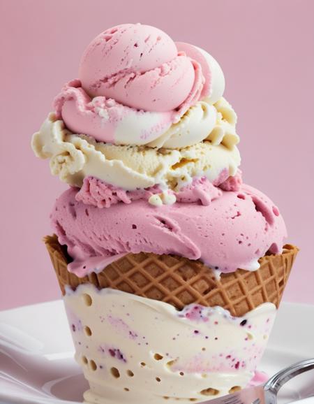 ice cream, in table pink, ultra detailed photograph, sharp focus, high resolution