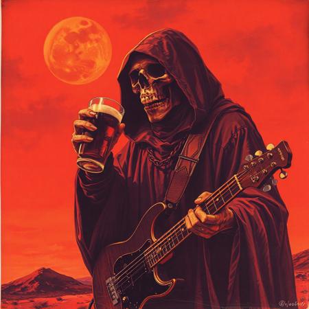 Dark art of an cloaked ominous monk from the 70s-style pulp paintings drinking a beer while holding a electric guitar hanging around his nick with a guitar strap, The sky is red and otherworldy. The monks grinning skeletal face is barely visible. Duotone: Burnt orange and deep plum. Mood: Occult ritual meets 80's crinkled concertposter art style. Grim reaper, doom metal-style, gritty, desert ritual, tales from the crypt