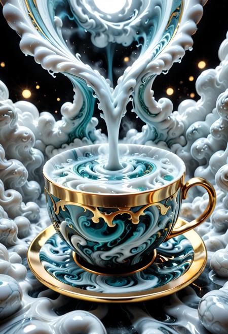 score_9, score_8_up, score_7_up, masterpiece, amazing quality, best quality, very aesthetic, absurdres, very awa, hyper-realistic, ultra-HD, perfect composition, cinematic lighting, volumetric lighting, raytracing, ambient occlusion, extreme close up, 
BREAK
Marble Teacup, porcelain cup, liquid swirls, golden rim, steamy mist,