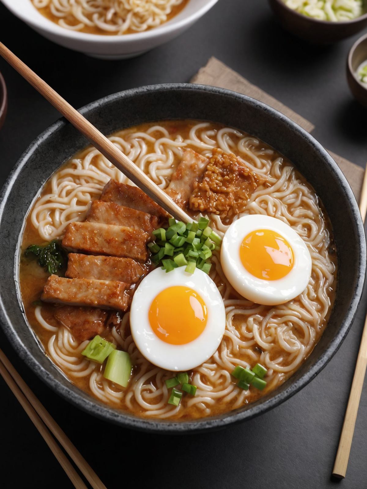 Chow Mein Noodles with Eggs and Meat in a Black Bowl