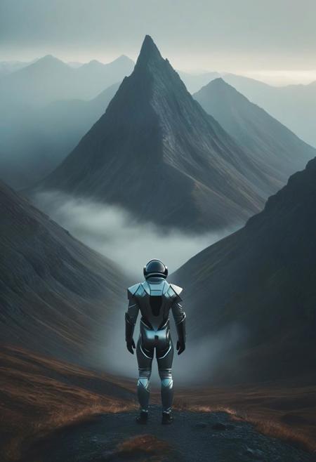(Minimalist wide angle movie still), man in a futuristic suit, mountains, north nature, muted tones, warm light, cold colors, low contrast, foggy