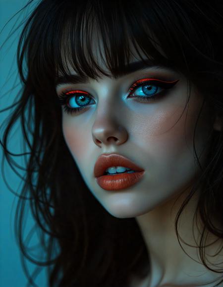 hyperrealistic art (dark mood masterpiece Photography:1.2), portrait of a mysterious woman with blue eyes and bold eyeliner, she has sensuous lips, looking seductively, naughty, shy smirking. The extreme realism focuses on her detailed skin, showing fine textures and natural highlights. photography masterpiece, modern, irresistible beauty, fuzzy lighting, dark mood, unusual composition, use of negative space, (rule of thirds composition), simmetry , mysteriouse, emotional, flirting, (fine erotic content:0.65), groundbreaking unrivaled opus with unrivaled details, (Neon Orange color scheme), highly detailed, melancholic, low-light hyper detailed photography, catchlights, style by Luis Royo . extremely high-resolution details, photographic, realism pushed to extreme, fine texture, incredibly lifelike, extreme close-up shot,style by luis royo . extremely high-resolution details, photographic, realism pushed to extreme, fine texture, incredibly lifelike