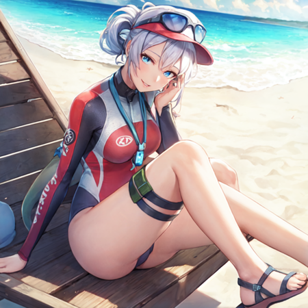 ShorePatrolLian, one-piece swimsuit, long sleeves, hat, eyewear on head, thigh strap, sandals