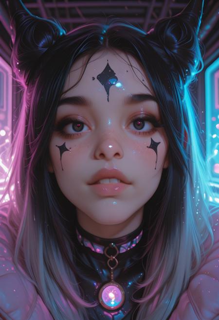 1girl, sexy:2, cute:2, high_quality, highres, detailed_eyes, beautiful, detailed, masterpiece, best quality, absurdres, 8k, HDR, face_focus, blush, looking at viewer, retro, grunge, A stunning close-up portrait of a very pretty brazilian with black hair an ethereal bioluminescent glow emanating from markings on her skin with face markings and black skin, her eyes closed, long lashes dusting her cheeks emitting sharp beams that pierce the darkness She crouches predatorily on a neon-drenched rooftop the air thick with the scent of ozone and ancient magic Monochromatic tones of grey and silver emphasize form and shadow projecting an aura of dangerous unpredictability, chaotic energy, and raw potential., <lora:ðð¡ð_ð¨ð§ð¥ð²_ðð¨ðð_ð²ð¨ð®_ðð¯ðð«_ð§ððð_v2__å¿è¦ãªã®ã¯LoRAã ã__by_CHROMEKIDD:0.8> HANA4