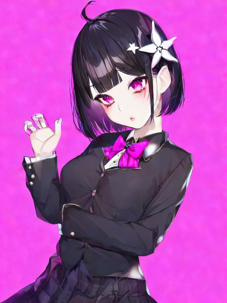 hair flower,star hair ornament,collared shirt,bowtie, short hair,buttons,parted lips,looking at viewer,black ribbon,by kayahara,solo,blunt bangs,black flower,hair ribbon,gradient background,star (symbol), skirt, 1girl, solo