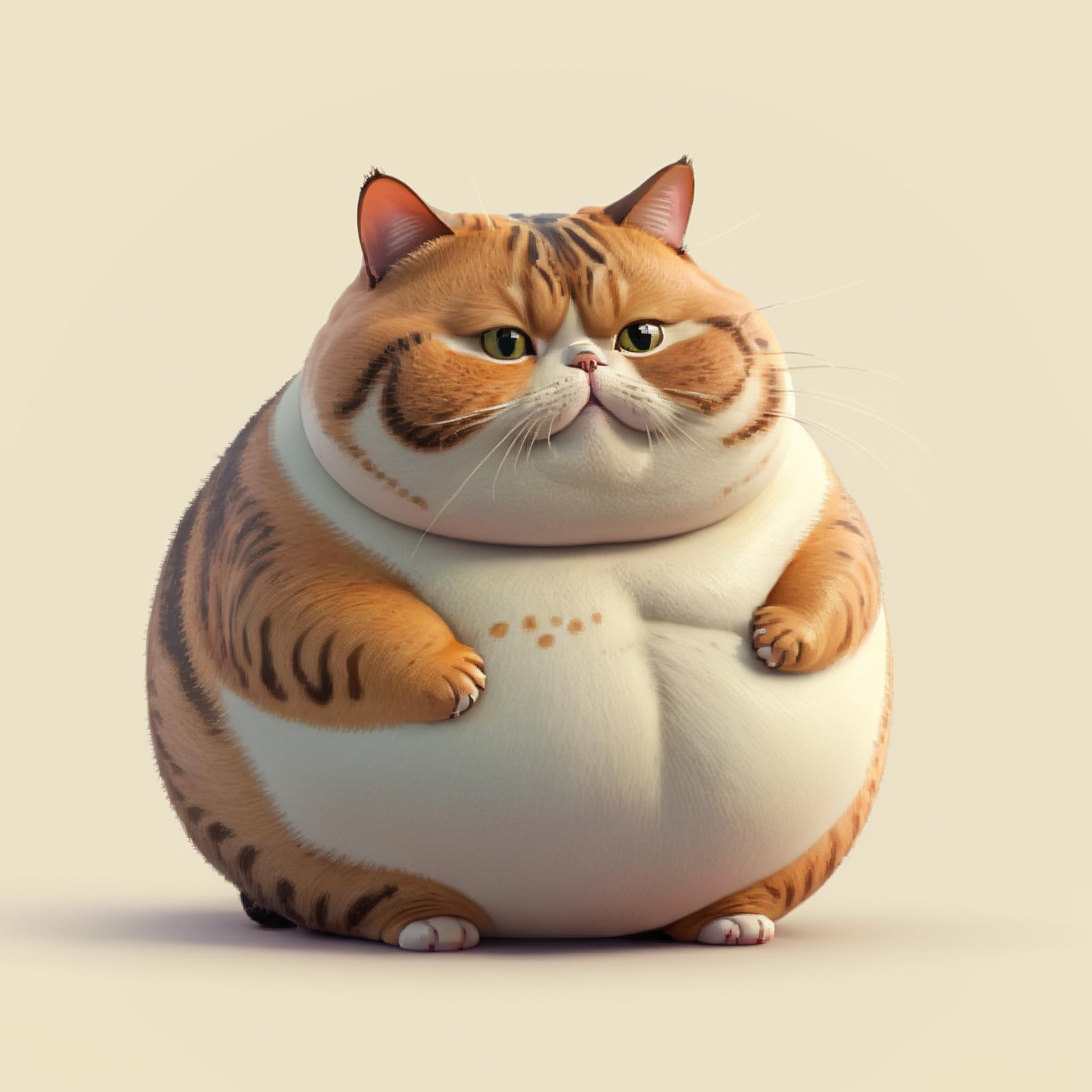 A cartoon cat with a white belly standing on the floor.