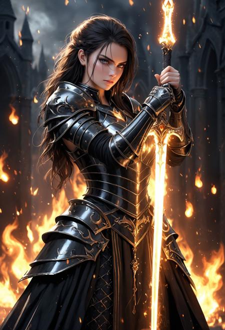 gothic warrior princess, holding a glowing sword, black enchanted armor, flames in the background, dramatic lighting, highly detailed textures, photorealistic, volumetric lighting, dark fantasy atmosphere, intricate armor design, cinematic photography, 8k, hyper-realistic, epic battle stance, trending on Artstation