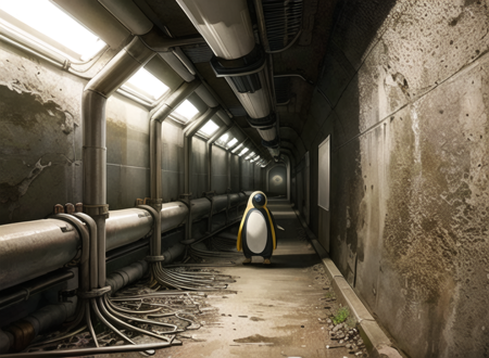 a tunnel with pipes and valves in it, <lora:Pipe-15:1>,penguin,dirt,steam,moisture,mud