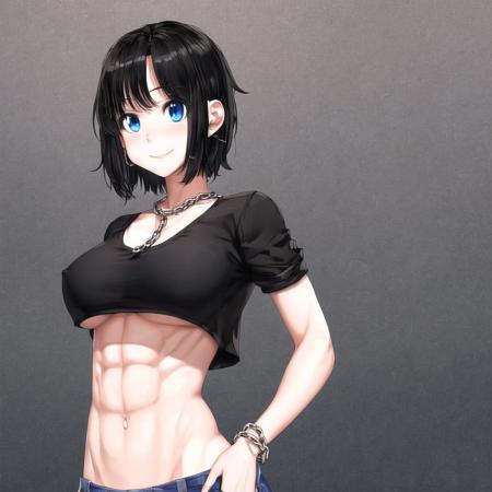 <lora:jun2:1>, jun, 1boy, abs, black hair, blue eyes, chain, highres, kezi, looking at viewer, muscle, navel, nipples, simple background, smile, solo, sylas