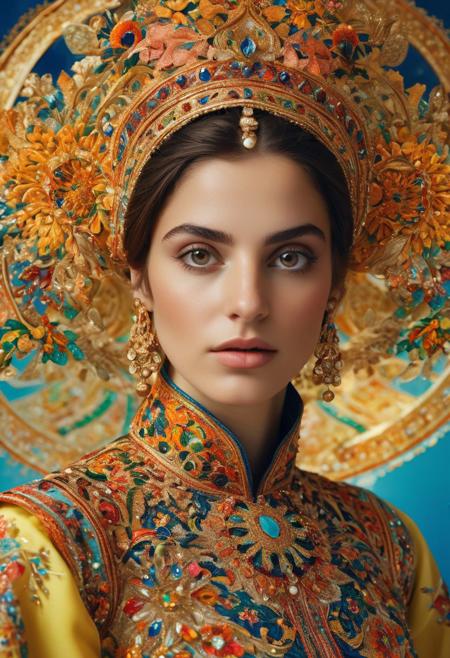 Persian color palette , Persian art, Persian girl, Persian, Iranian, Iran,folk costumes (Lina Cavalieri: 1,2) (8k, RAW photo, highest quality), hyperrealistic, intricate abstract, intricate artwork, abstract style, otherworldly, mesmerizing parallel dimension, gravity defies logic, abstract masterpiece, interplay of floating objects, distorted silhouettes, vivid hues, ethereal light, weightlessness in an unknown realm, non-representational, colors and shapes, expression of feelings, imaginative, highly detailed, extremely high-resolution details, photographic, realism pushed to extreme, fine texture, 4k, ultra-detailed, high quality, high contrasthanfu,clear face, Ultra High Resolution, wallpaper, 8K,Rich texture details, hyper detailed, detailed eyes, detailed background, dramatic angle, epic composition, SimplepositiveXLv1 (masterpiece, high quality, ), , , model photoshoot, , a stylish girl, (by Andreas Gursky:1,3)