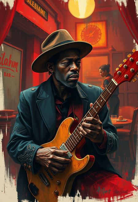 An illustration depicting Robert Johnson in a mystic, enchanting environment within a gritty Alabama bar, featuring a charismatic lone lady and a sad ending. The style is contemporary art with deconstructed portraits, layered textures, and bold brushwork. The color palette includes reds, oranges, and yellows, with gentle color contrasts creating a dreamlike, ethereal quality.