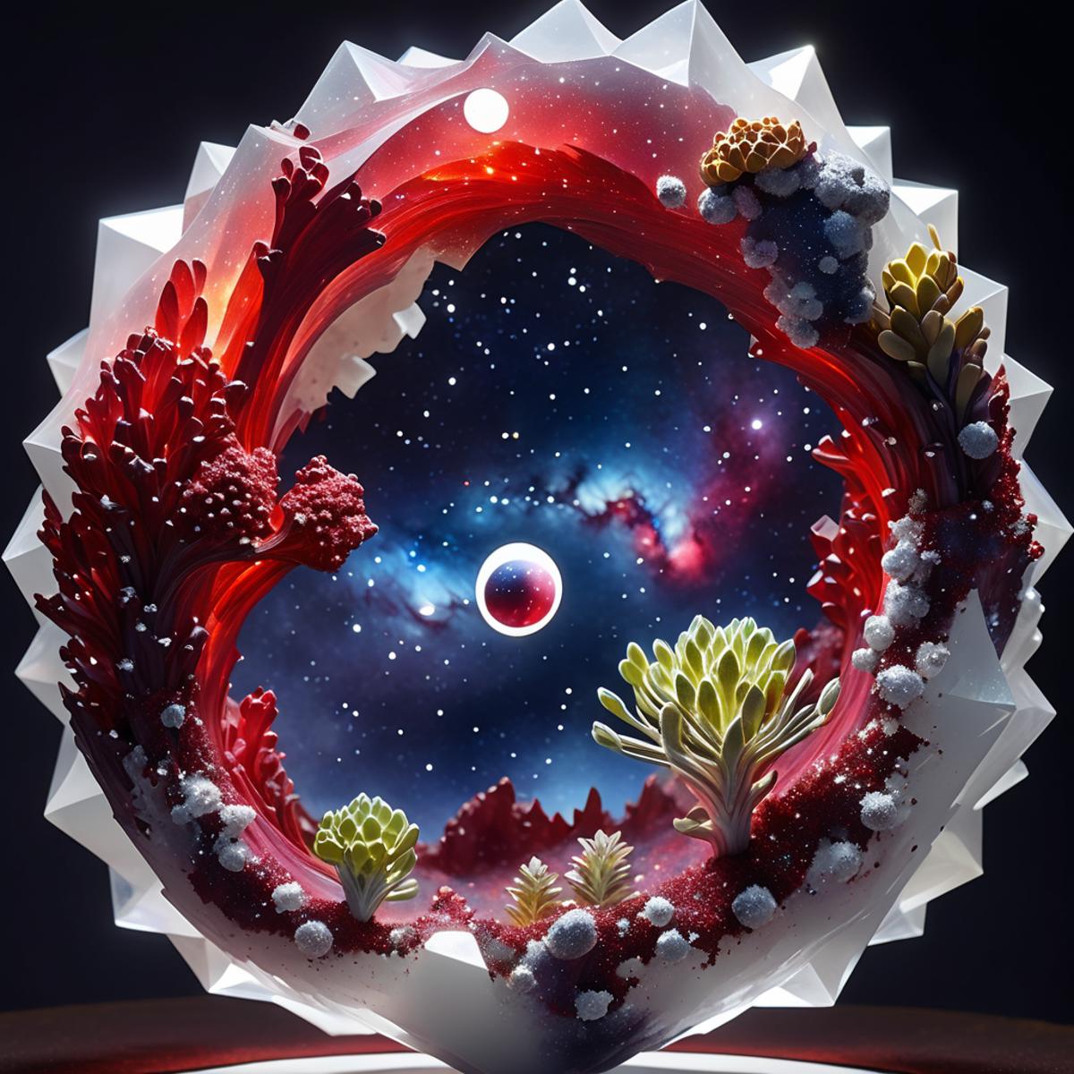 A 3D model of a celestial scene with a blue background, red and white objects, and a sun.