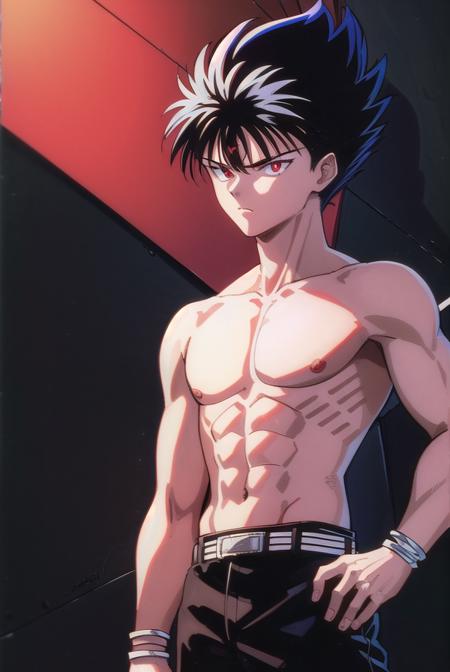 hiei, black hair, spiked hair, (red eyes:1.5), headband, hiei, black hair, spiked hair, (red eyes:1.5), third eye, retro artstyle, 1990s \(style\), belt, tank top, pants, black pants, black top, belt, tank top, pants, black pants, black top, (bandaged arm:1.5), belt, pants, black pants, (bandaged arm:1.5), topless, belt, pants, black pants, topless, tattoo, (dragon tattoo:1.2), arm tattoo, (black tattoo:1.2),