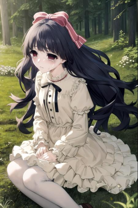 (exceptional, best aesthetic, new, newest, best quality, masterpiece, extremely detailed), 1girl, solo, sunakokirishiki, sad, crying, blush, hair_bow, white_dress, (night_sky, forest), sitting, grass