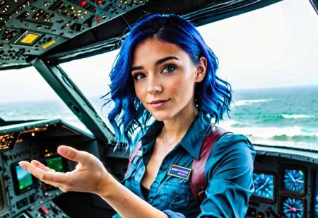 (masterpiece, best quality, realism, HD, highres, high resolution:1.2), extremely detailed, realistic, intricate details, high quality, intricate detail, large complex aerospace digital flight controls, young 20 year old female pilot reaching for overhead switches, detailed realistic hair, thin shoulder length hair, (wavy blue hair:1.4), light summer clothing, joystick, flight yoke, buttons switches and knobs on control panels, (levers:1.25), space view through windows, star field, galaxies, nebulas, dim lighting, bright displays, wide angle photo, digital displays, slide switches, warning lights, Perfect Hands, OverallDetail