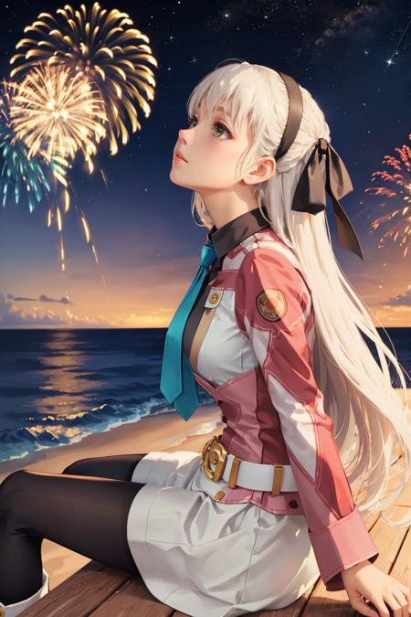 masterpiece, best quality, elie macdowell, hairband, blue necktie, hair ribbon, long sleeves, belt, pantyhose, white boots, sitting, from side, looking up, stars, sky, fireworks, ocean <lora:elie-nvwls-v2-sen4:0.9>