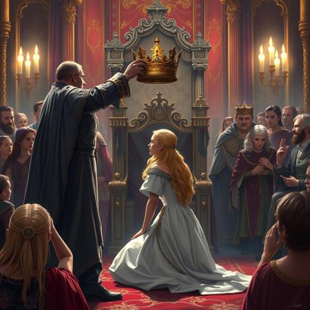 crowded throne room, epic fantasy scene, crowning ceremony, a blonde girl is kneeling and in the process of being crowned queen, a man is holding the crown above the blonde girl's head,