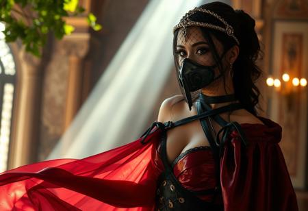 dappled lighting, Extreme realism, Breathtaking masterwork 32k HD photo, cyberpunk ottoman harem setting, sleek beautiful female, glistening silk/latex hybrid gothic flowing  wedding gown, shoulder cross bust harness strap , ottoman harem style skirt, webbed diadem_band/hairnet integrated with mouth muzzle mask covering mouth, flaring diaphanous latex capelet. shallow depth of field, vignette, highly detailed, high budget, bokeh, cinemascope, moody, epic, gorgeous, film grain, grainy