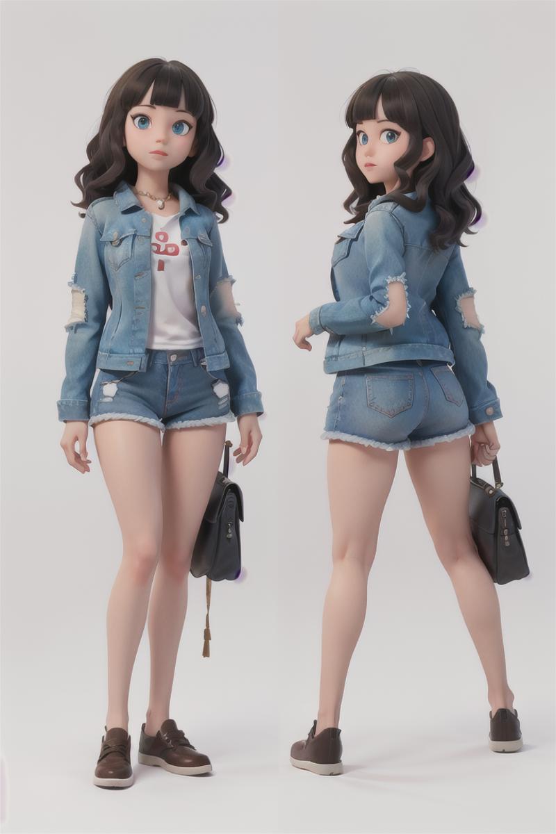 A Doll with Long Black Hair, Blue Jacket, and Blue Shorts.