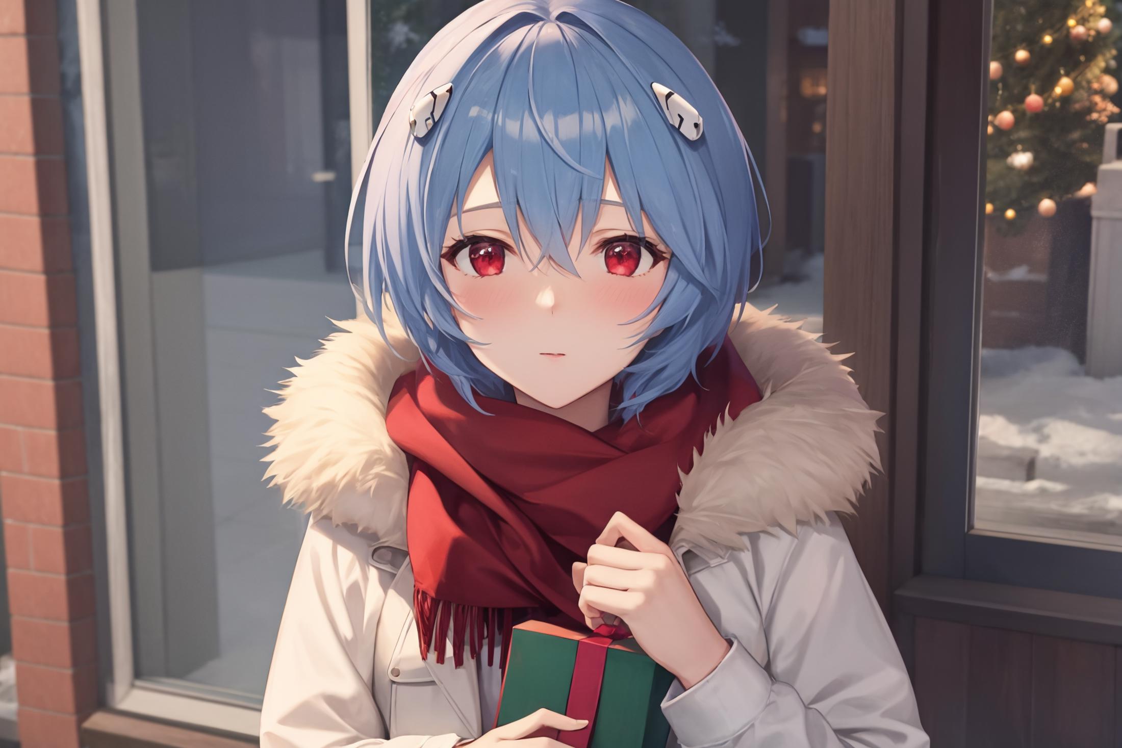 Anime girl in winter coat holding a Christmas present.