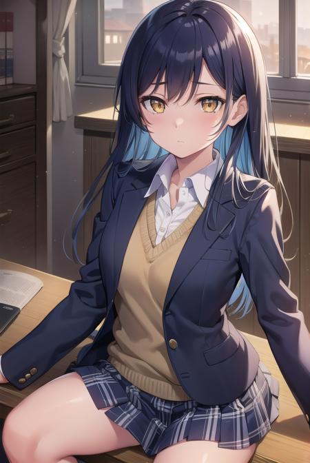 umisonoda, <lora:umisonoda-lora-nochekaiser:1>, 
umi sonoda, long hair, blue hair, (yellow eyes:1.5) (flat chest:1.2),
BREAK blazer, blue skirt, jacket, otonokizaka school uniform, pleated skirt, school uniform, winter uniform,
BREAK looking at viewer,
BREAK indoors, classroom, 
BREAK <lyco:GoodHands-beta2:1>, (masterpiece:1.2), best quality, high resolution, unity 8k wallpaper, (illustration:0.8), (beautiful detailed eyes:1.6), extremely detailed face, perfect lighting, extremely detailed CG, (perfect hands, perfect anatomy),