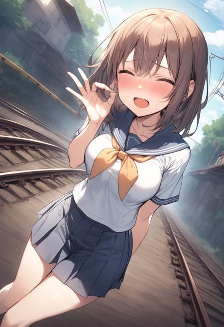 1girl, <lora:sdxl2-flat2-512b:-1>,medium breasts,school uniform,
<lora:oksignXLv1:0.6>,ok sign, dutch angle, cinematic angle, looking down, giggling, railway track, open mouth,
best quality,medium quality,