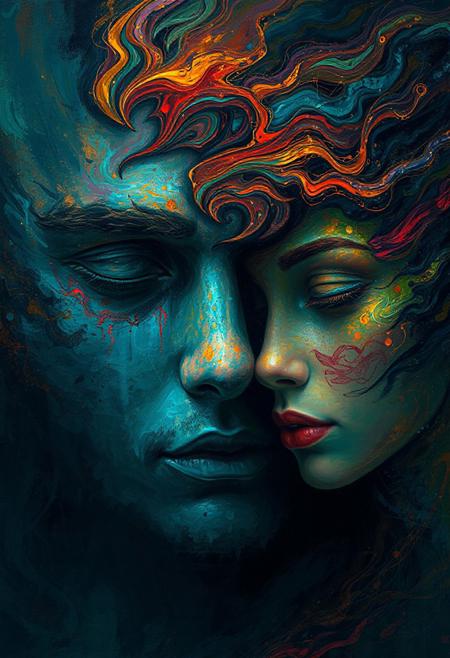 face adorned with, Dynamic digital painting with swirling, vibrant colors depicting two figures with intricate textures and vibrant colors. The scene should include a rich variety of elements, each contributing to the overall atmosphere. Lighting should be soft, diffused, and natural, enhancing the depth and realism of the scene. The mood is to be calm yet vibrant, creating a sense of serenity and wonder. Every detail in the scene should be meticulously rendered, emphasizing the contrast between light and shadow, and capturing the fine textures and subtle gradients. The color palette should be carefully chosen to evoke emotion, with each hue enhancing the aesthetic appeal of the overall composition. The final image should be immersive and captivating, drawing the viewer into its intricately detailed world.