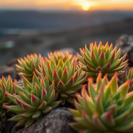 a very detailed close picture of a multiple Sempervivum tectorum plants, dinamic view, sunset light angle, on the rocks