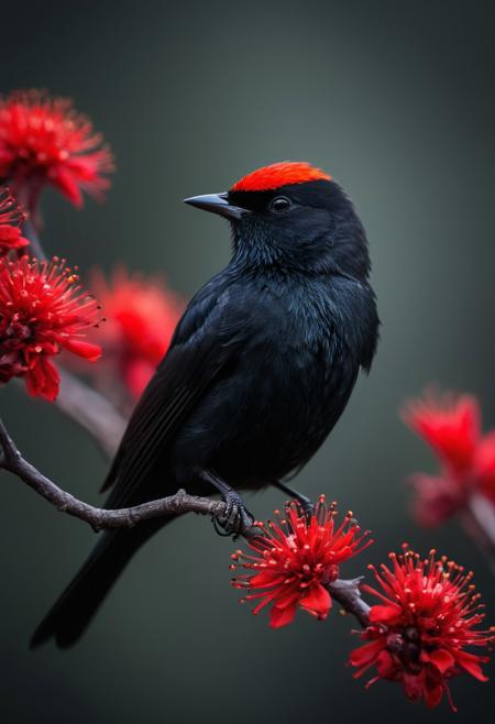 A close-up of a small bird with vivid red feathers on its head and black wings, perched on a branch covered in bright red, spiky flowers. The bird has a slender black beak and fine details in its plumage. The background is softly blurred, creating a smooth dark gradient that emphasizes the bird and the flowers. The scene is vibrant, capturing the delicate beauty of nature." sharp details", "macro photography", and "natural lighting", dark black and red, aesthetic, realistic, extreme beautiful, gorgeous monochromatic color schemes, 12k, insane details, brilliant composition