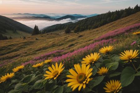 raw photo, a sunset landscape, Carpathian mountains valley temperate forests, Poland forest,  cozy, photorealistic, high detailed texture, 8k uhd, dslr, soft lighting, high quality, film grain, Fujifilm XT3, Sony A7 IV, highly detailed photography, (muted colors, cinematic, dim colors, soothing tones:1.2), vibrant, insanely detailed, hyperdetailed, (dark shot:1.2), (vsco:0.3), (intricate details:0.9), (hdr, hyperdetailed:1.2) (highest coherency: 1.39) (highest quality: 1.39) (rule of Thirds) (award winning) (breathtaking) (masterclass) (vibrant color: 0.79) (foggy: 1.09) (distant hillside) (spring flowers) (sharp focus forground) (detailed flower: 1.39)