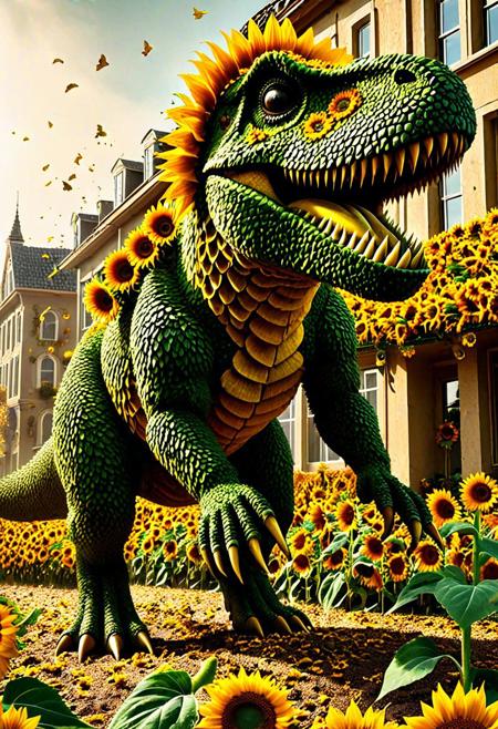 gigantic T-rex Made of Sunflowers, rampaging through a sunflower city, petals flying everywhere, surreal scale, highly detailed organic textures, golden haze, whimsical destruction, absurd yet majestic