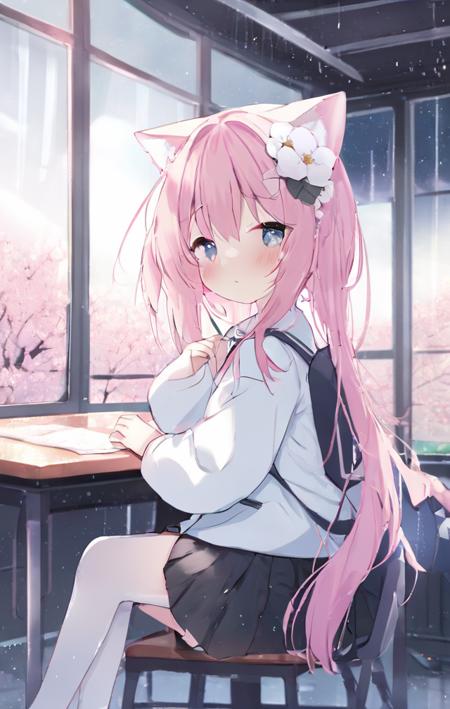 1girl <lora:catcat-xl:1>nai night scape,masterpiece,in classroom,white legwear,((raining out side)), best quality,closed eyes,light pink hair, solo,momoko,cat ears,in seat,solo,morning,indoor,cinematic lighting, looking at window, long hair, sitting on school chair,school desk,1girl, hair ornament, hair flower, cute, white flower,light blue coat,white dress,cinematic lighting,light pink hair,foot focus