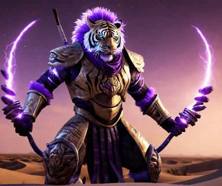 starscourgexl, a tiger with a full armor and  a fur glowing with purple electricity,awardwinning,masterpiece,((realistic)),128k UHD,octane render,sharp focus,trending on artstation,desert in the background  <lora:Starscourgexl-step00000357:0.75>,raw photograpy,epic,cinematic